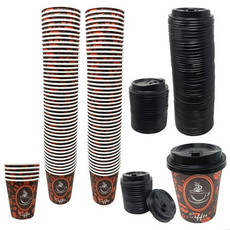 100 Count High Quality Disposable Paper Hot Coffee Cups with Lids, Perfect For Hot Drinks Tea & Coffee, Coffee Shops And Bars (8oz, Coffee Bean Design)