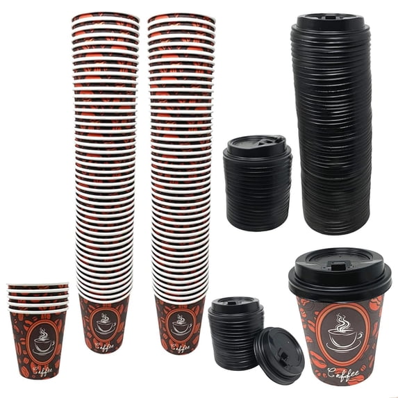 100 Count High Quality Disposable Paper Hot Coffee Cups with Lids, Perfect For Hot Drinks Tea & Coffee, Coffee Shops And Bars (8oz, Coffee Bean Design)