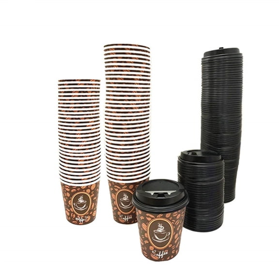 100 Count High Quality Disposable Paper Hot Coffee Cups with Recyclable Lids, Perfect For Hot Drinks Tea & Coffee, Coffee Shops And Bars (10oz, Coffee Bean Design)