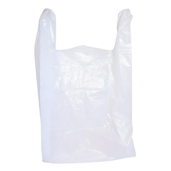 100 Count Large Plastic Grocery T-Shirt Bags with Handles - Plain White 12" x 6" x 21"