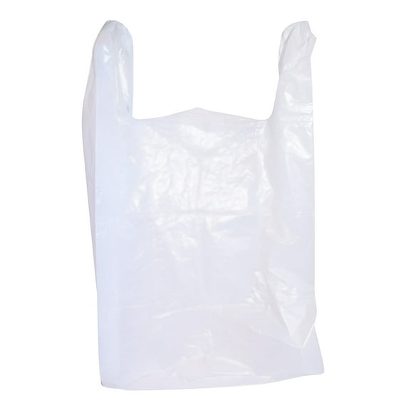 100 Count Large Plastic Grocery T-Shirt Bags with Handles - Plain White 12" x 6" x 21"