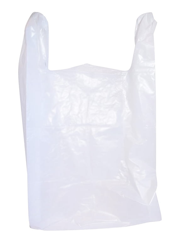 100 Count Large Plastic Grocery T-Shirt Bags with Handles - Plain White 12" x 6" x 21"