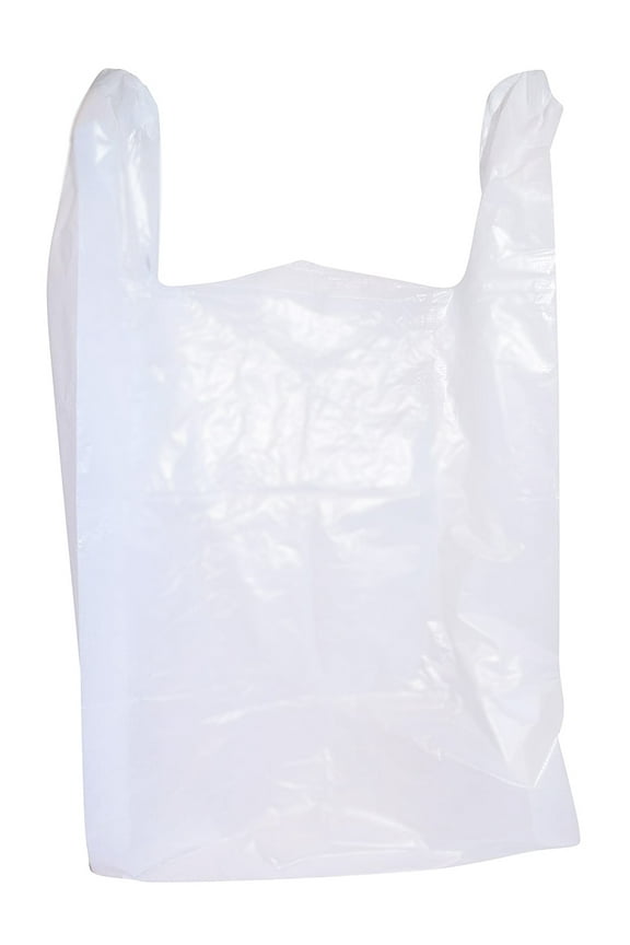 100 Count Large Plastic Grocery T-Shirt Bags with Handles - Plain White 12" x 6" x 21"