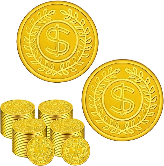 100 Count Plastic Gold Coins Set, Pirate Treasure Gold Play Coins for Kids Party Theme Props Decorations, Lucky Draw Games Treasure Hunt