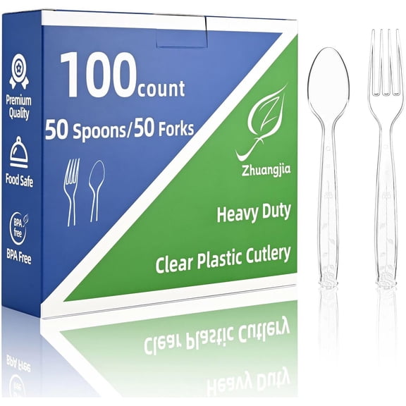 100 Count Plastic Silverware Heavy Duty 50Forks50Spoons | Shatterproof BPA-Free Disposable Cutlery Heat Resistant Disposable Plastic Utensils for Catering & Events, Party Supplies