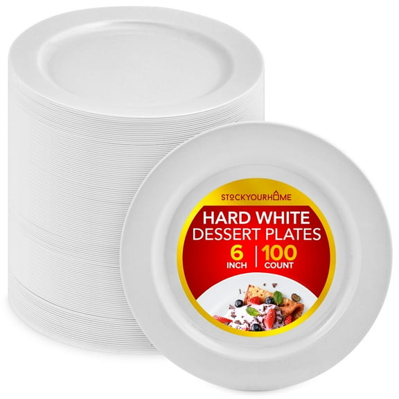 100 Count Premium White Plastic Plates, 6 Inch White Disposable Wedding Cake Plates, Heavy Duty Plastic Dessert Plates, Cocktail Appetizer Plates for Christmas Dinner Parties, Stock Your Home