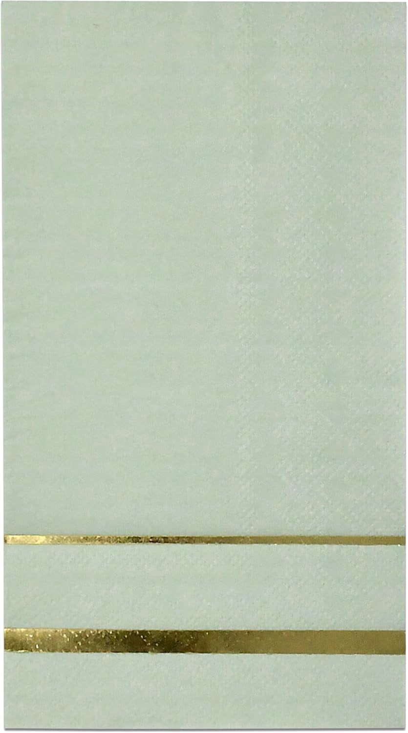 100 Count Sage Green with Gold Trim Lined Guest Napkins Elegant Dinner Hand Napkin for Bathroom Wedding Holiday Anniversary Birthday Party Bridal Baby Shower Metallic Golden Foil Decorative Towel