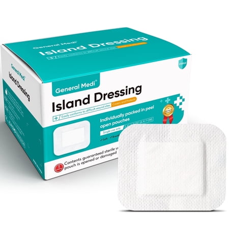 General Medi 100 Count Sterile Island Dressing Bordered Gauze Skin Breathable Cotton