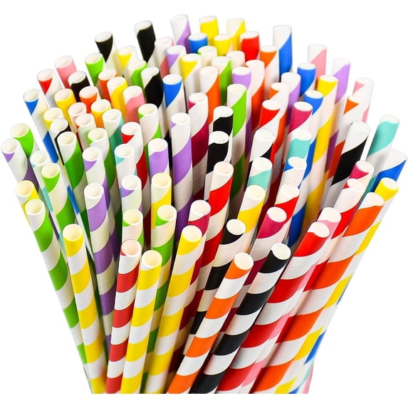 [100 Counts] 7.75 Inch Colorful Striped Disposable Paper Drinking Straws, 10 Assorted Colors, Compostable - for , Party, Cake Pops, Crafts