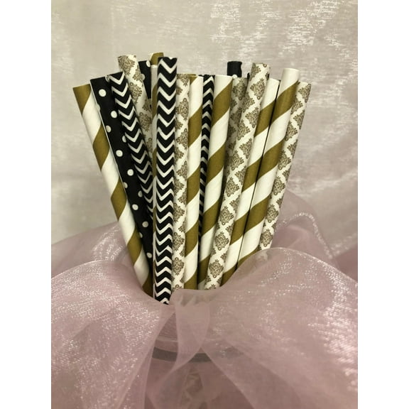 100 Counts CHARMED Black and Gold Vintage Theme Paper Straws Assortment for New Year, Wedding, or Birthday Party Supplies