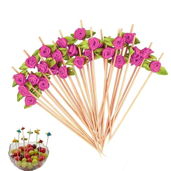 100 Counts Rose Cocktail Picks and Cute Flower Decorative Bamboo Sticks for Appetizers,Fancy Mini Skewers for Food Fruit Drink,Floral Charcuterie Board Accessories for Wedding Party