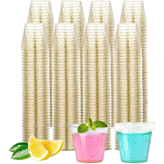 100 Crystal Clear Plastic Shot Glasses 1oz, Mini Cups for Wine Tasting, Condiments, Party - Gold Disposable