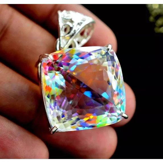 100 Ct+ Rare Mystic Topaz Multi Color 925 Solid Silver Pendant Gemstone