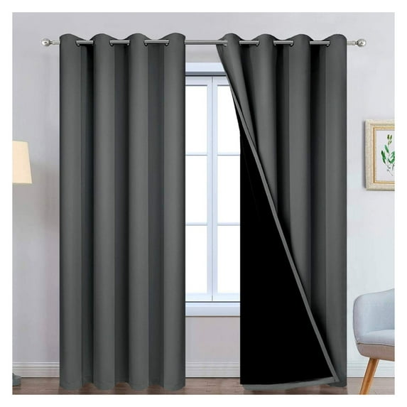 100% Dark Gray Blackout Window Curtain Panels Full Light Blocking Drapes with Black Liner Room Darkening Thermal Insulated Curtains for Bedroom/Living Room(Dark Grey, 52W x 96L, One Pair)