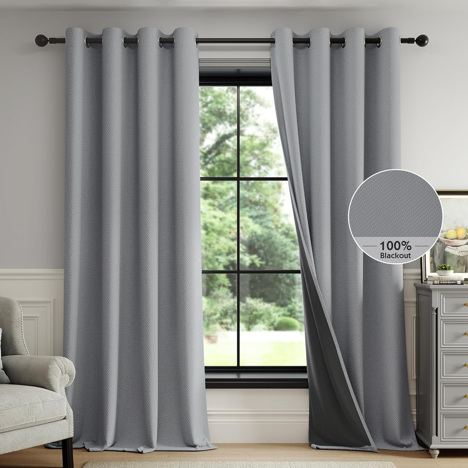 100% Dark Grey Blackout Curtains for Living Room, Curtains 84 Inches