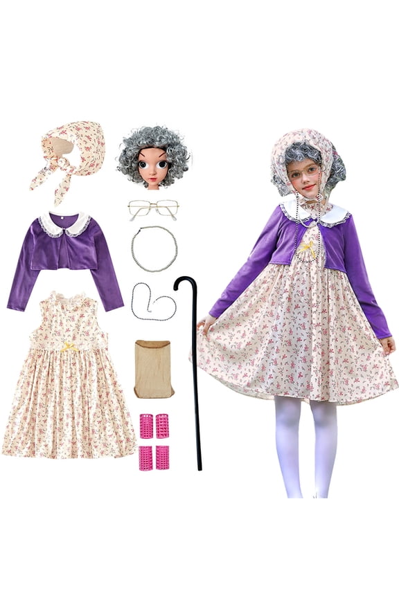 100-Day Kindergarten Set - Children's Grandmother Clothing - 100-Year-Old Grandmother's Princess Dress - Suitable for 8 - 9-Year-Old Girls - Pink\Purple Version