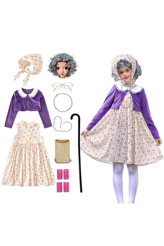 100 Day of School for Girls Child Old Lady Set Granny Grandma Dress Up Grandma Granny Dress with Wig for Kids 3-12T Girls 10 Pieces
