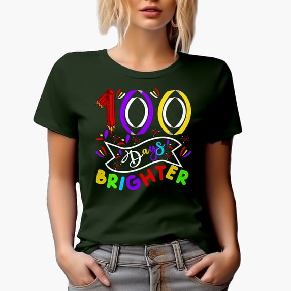 100 Days Brighter, 100th Day of School, Military Green T-Shirt, XL