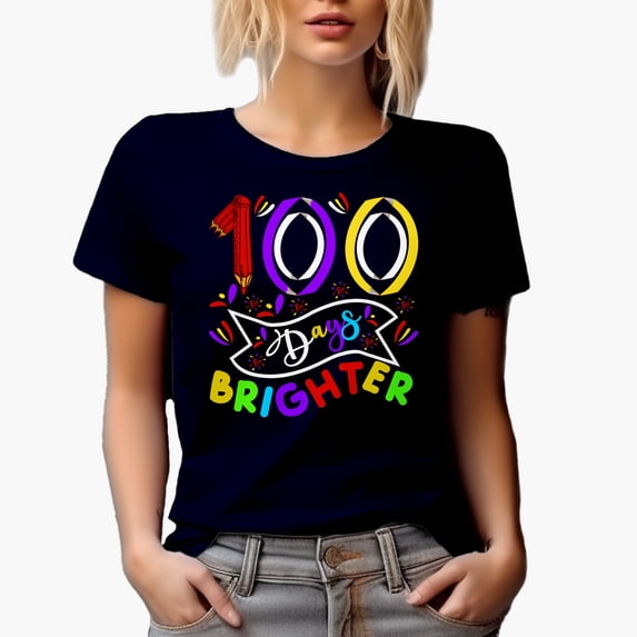 100 Days Brighter, 100th Day of School, Navy Blue T-Shirt, 3XL