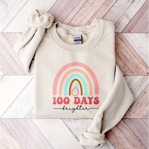 100 Days Brighter Sweatshirt, 100 Days of School Rainbow Sweater, Teacher Gifts, Teacher Appreciation, Back to School Shirt, Teacher Shirt All Size S-5Xl