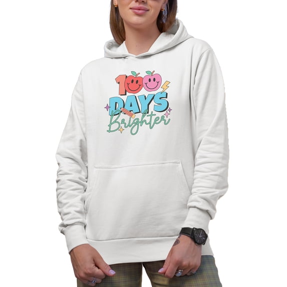 100 Days Brighter with Apples & Pencil, 90s Retro School Themed Art Merch Gift, White Hooded Sweatshirt or Hoodie, Medium