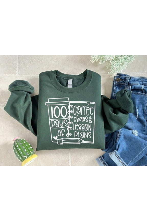 100 Days of Coffee Sweatshirt, 100 Days of School Shirt, Teacher Gifts, Valentine Gifts, Coffee Cup Sweater, Kindergarten Teacher Crewneck SWEATSHIRT All Size S-5XL