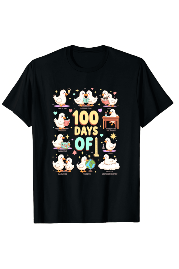 100 Days Of School Duck T-Shirt Retro Cute Animal Graphic Tee For Teachers And Students Funny Learning Design Black Cotton Top