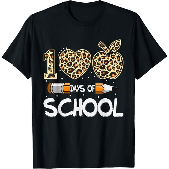 100 Days Of School Leopard Teacher Kids 100th Day Of School T-ShirtMen's and women's gift, black and white T-shirt, size: Extra large S-4XL