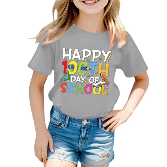100 Days Of School Shirt Toddler Letter Print Active Short Sleeve T Shirts Crew Neck Vacation Tops Girls Summer Tops T-Shirts Grey,160(12-13 Years)