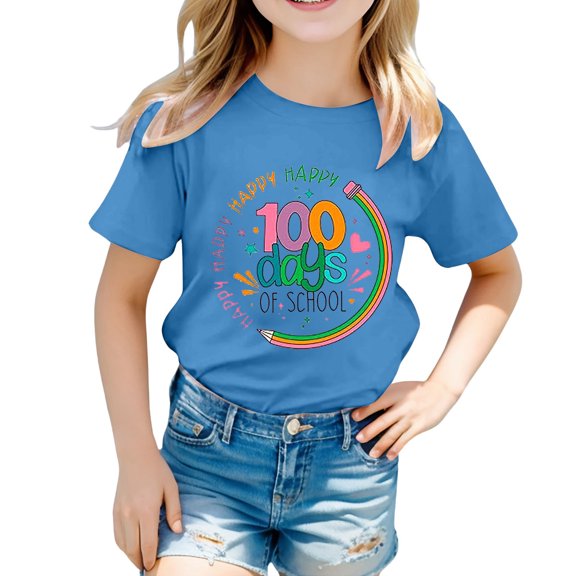 100 Days Of School Shirt for Girl Boy Round Neck Short Sleeve Tee Relaxed Fit Casual Teen Tops Pullover Tops,Z1-Blue,2-3 Years