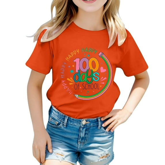 100 Days Of School Shirt for Girl Boy Round Neck Short Sleeve Tee Relaxed Fit Casual Teen Tops Pullover Tops,Z1-Orange,8-9 Years