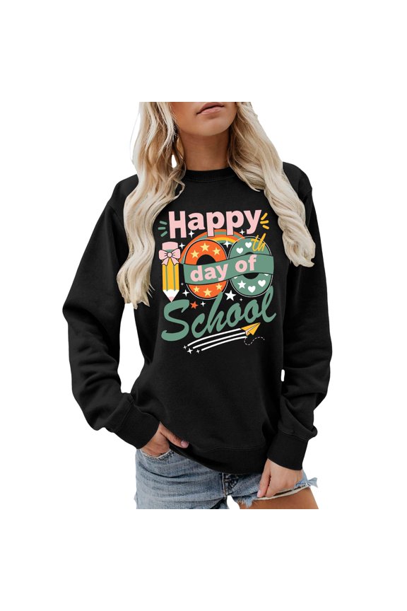 100 Days Of School Shirt for Women Teacher Graphic Crewneck Long Sleeve Sweatshirt Pullove Blouses,Black,M