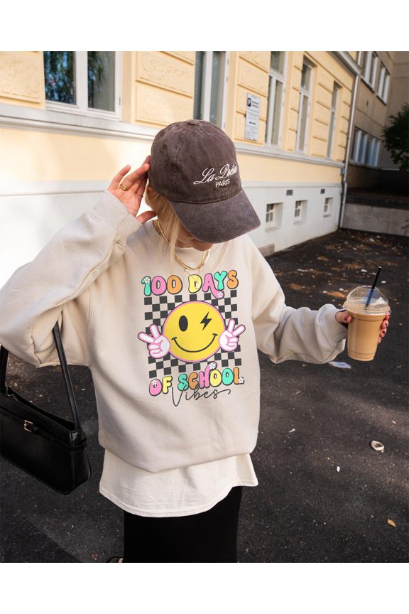 100 Days Of School Vibes Preppy Smiley Face Lightning Checkered Student Gift Sweatshirt