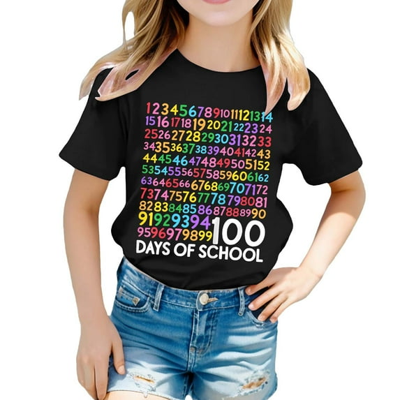 100 Days of School Shirt Girls Boys Short Sleeve Shirts Fashion Graphic Tees Casual Round Neck Soft and Comfortable T-Shirts Pullover Summer Clothes Black 10-11 Years