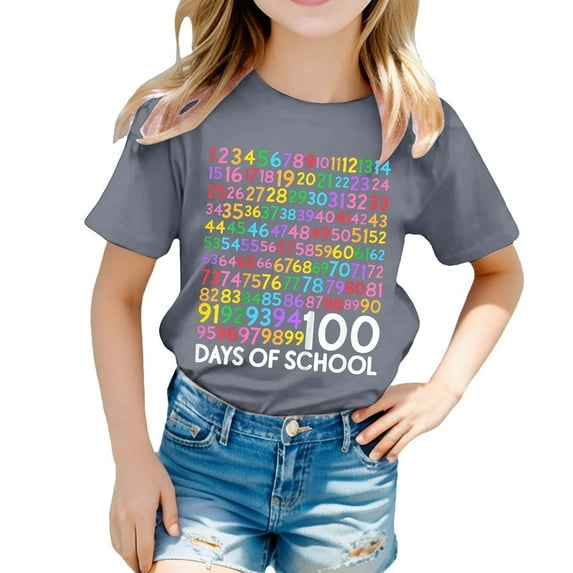 100 Days of School Shirt Girls Boys Short Sleeve Shirts Fashion Graphic Tees Casual Round Neck Soft and Comfortable T-Shirts Pullover Summer Clothes Light Gray 6-7 Years