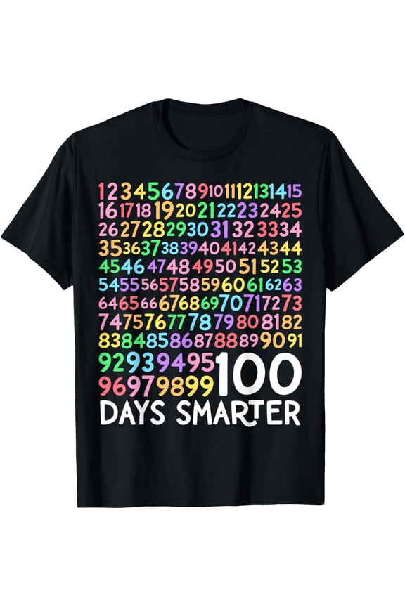 100 Days Smarter Colorful Numbers T-Shirt Educational School Spirit Graphic Tee Student Teacher Classroom Celebration Apparel Retro Style Unisex Black Top Learning Milestone Gift