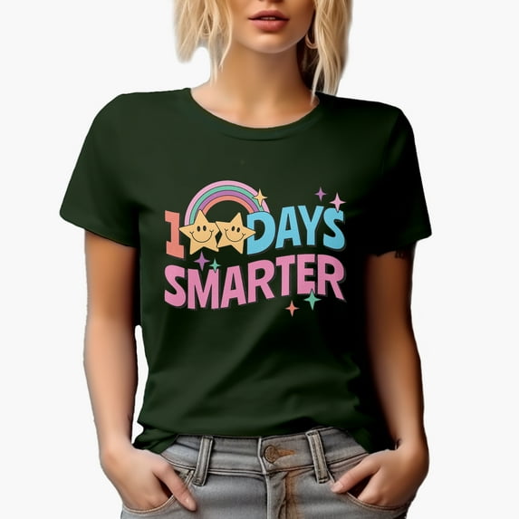 100 Days Smarter, Retro Wavy Text & Rainbow Merch Gift, Military Green T-Shirt, Medium