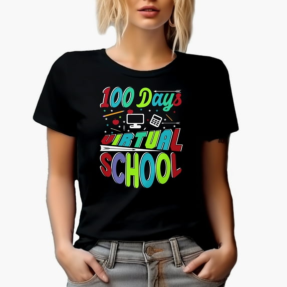 100 Days Virtual School, Home or Online Class, Black T-Shirt, Small
