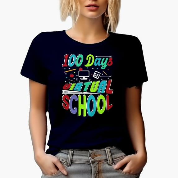 100 Days Virtual School, Home or Online Class, Navy Blue T-Shirt, XL