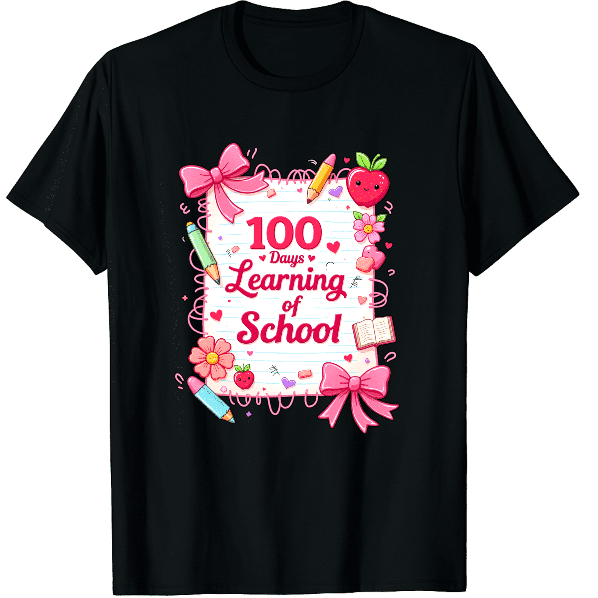 100 Days of Learning School Graphic Tee Cute Pink Bow Pencil Student ...