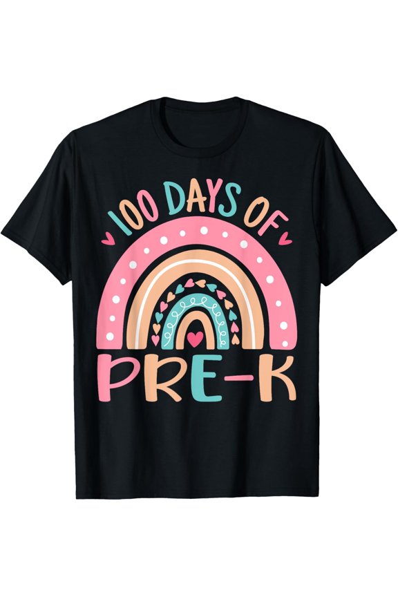 100 Days of Pre-K Rainbow Graphic Tee Retro School Milestone Student Teacher Apparel Colorful Heart Design Black T-Shirt