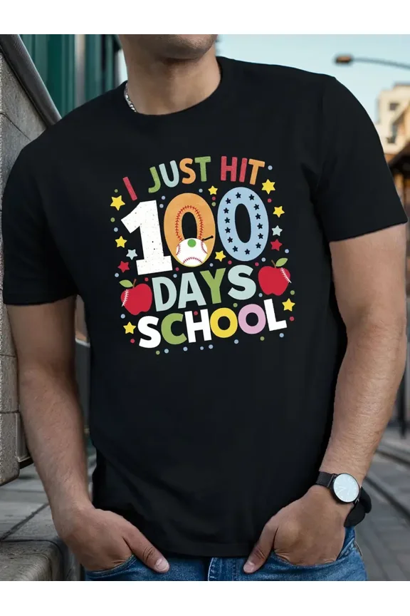 100 Days of School Baseball Apple Graphic Men Short Sleeve Casual Summer Tee Shirt