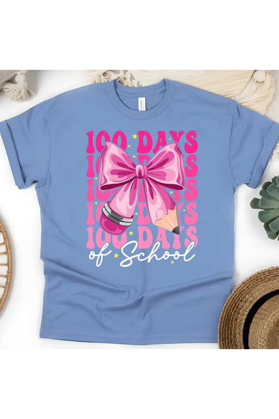 100 Days of School Bow T-Shirt | Cute Teacher & Student Celebration Tee, CarolinaBlue, Size M