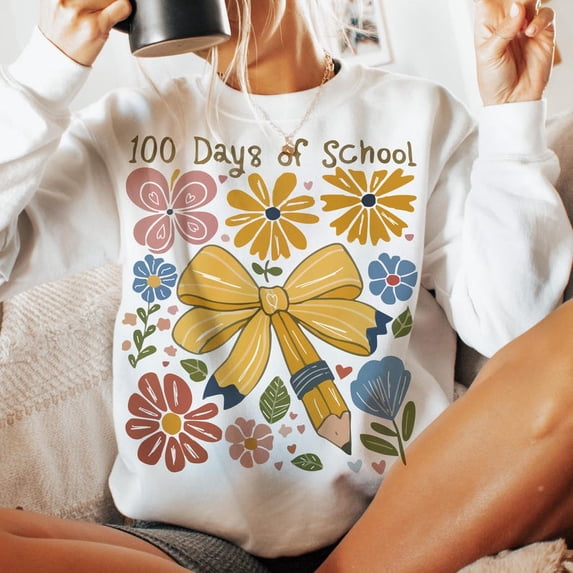 100 Days of School Coquette Sweatshirt, Boho Teacher Pullover, Cute Bow Sweater, Preppy 100 Days Outfit, Stylish School Spirit Top