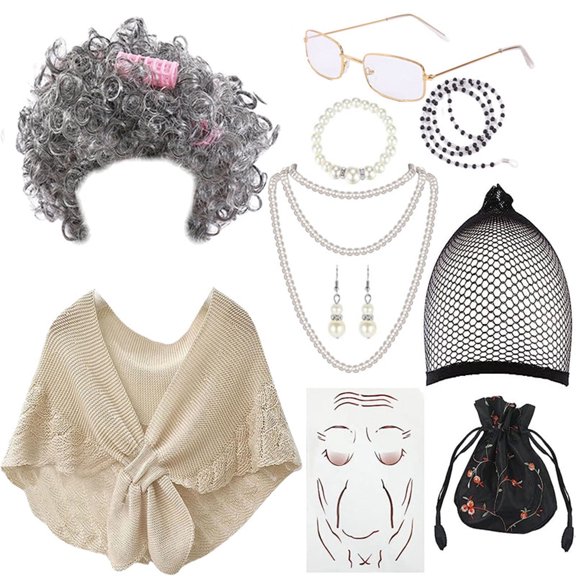100 Days of School Costume, Old Lady Cosplay Black White Curly Wig Glasses Wig Cap Cane Hair Roller Necklace Bracelet