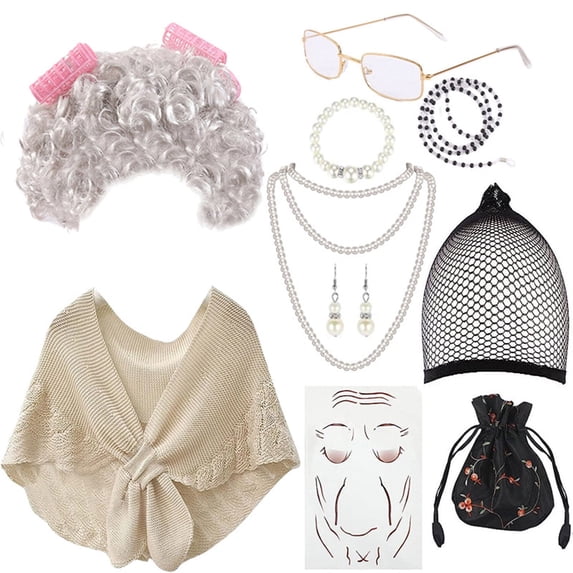 100 Days of School Costume, Old Lady Cosplay Black White Curly Wig Glasses Wig Cap Cane Hair Roller Necklace Bracelet
