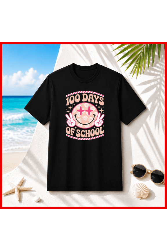 100 Days of School Retro Smiley Face Peace Sign Unisex T-Shirt T1234, S-5XL