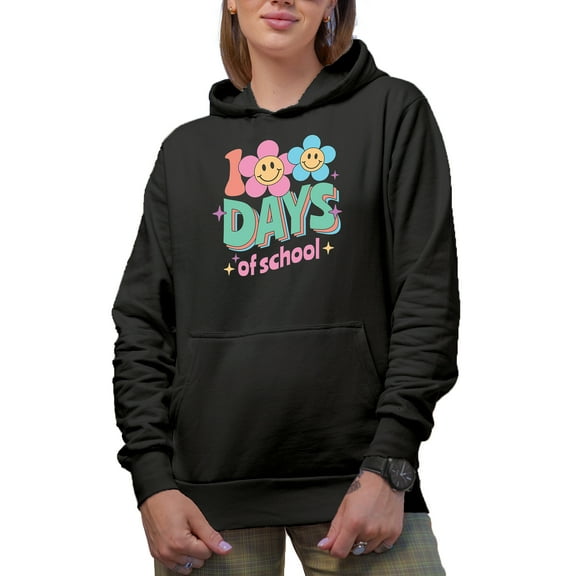 100 Days of School, Retro Smiling Flowers Art Merch Gift, Black Hooded Sweatshirt or Hoodie, XL