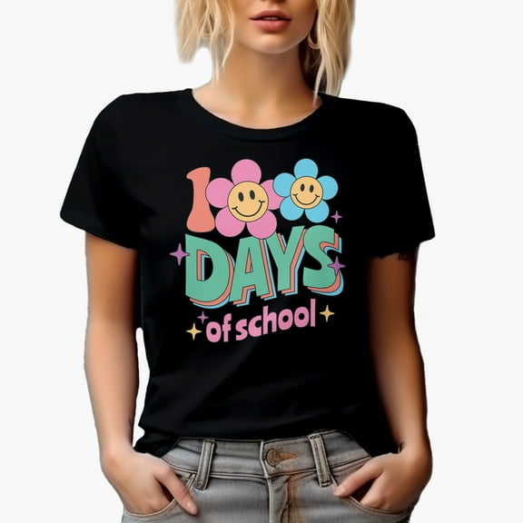 100 Days of School, Retro Smiling Flowers Art Merch Gift, Black T-Shirt, Small