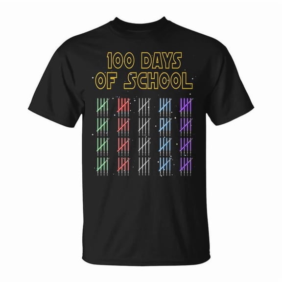 100 Days of School Sabers and Star Print Space Wars Graphic Tee Boys Youth Cotton Sci-Fi Classroom Celebration Gift, Size S, Color Black